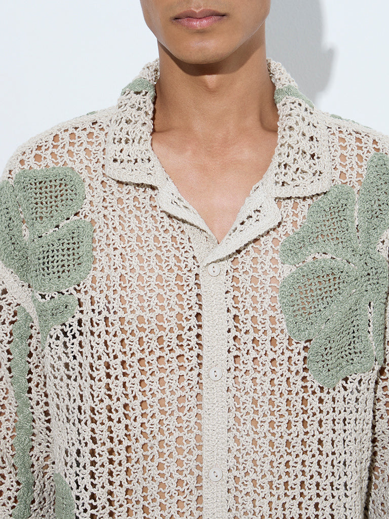 ETA Sage Floral Detailed Relaxed-Fit Crochet Shirt