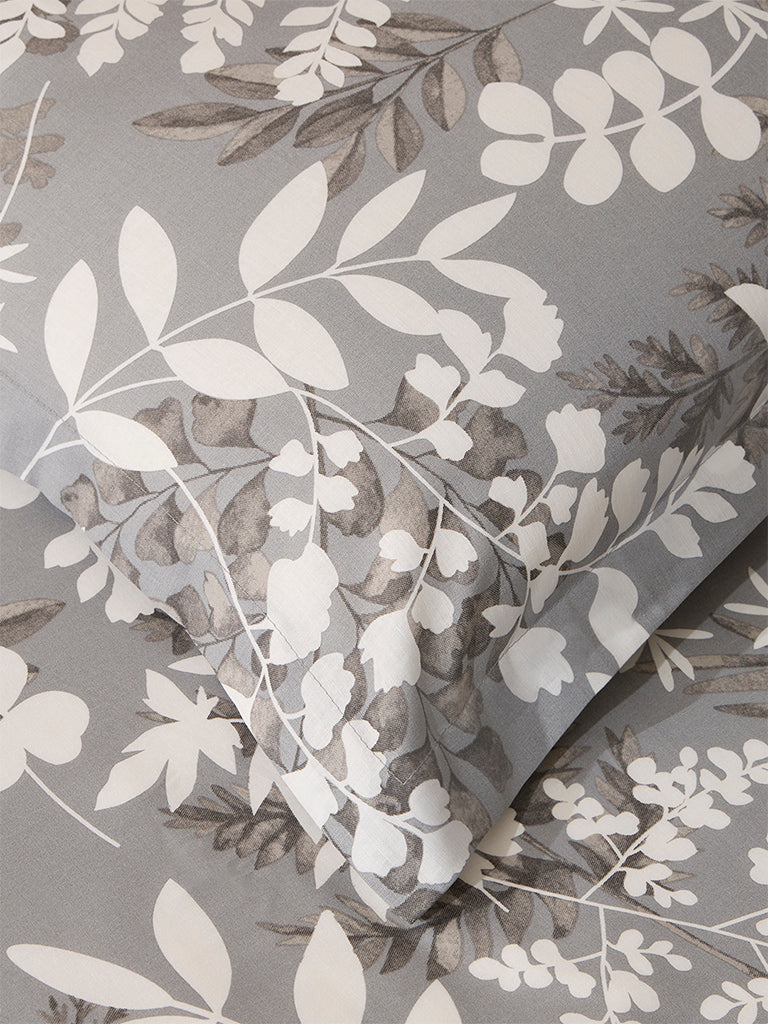 Westside Home Grey Foliage Printed King Bed Flat Sheet and Pillowcase Set