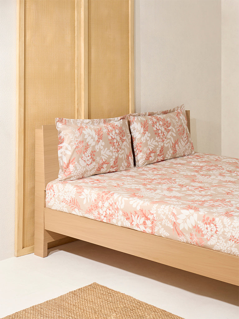 Westside Home Beige Botanical Queen Bed Flat Sheet and Pillowcase Set