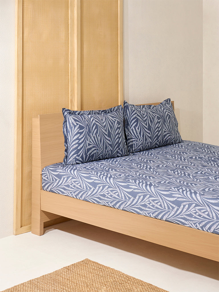 Westside Home Dusty Blue Foliage Printed Queen Bed Fitted Sheet and Pillowcase Set