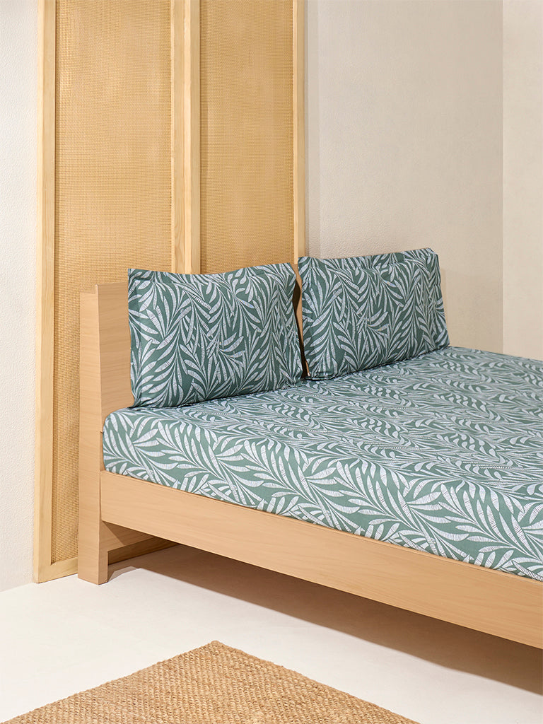 Westside Home Olive Foliage Queen Bed Fitted Sheet and Pillowcase Set