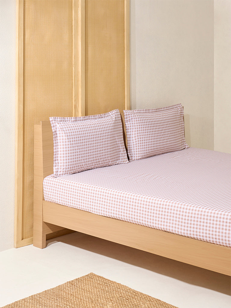 Westside Home Pink Gingham Checkered Queen Bed Fitted Sheet and Pillowcase Set