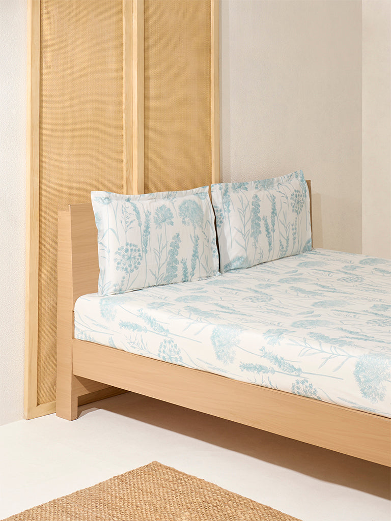 Westside Home Aqua Floral Queen Bed Flat Sheet and Pillowcase Set
