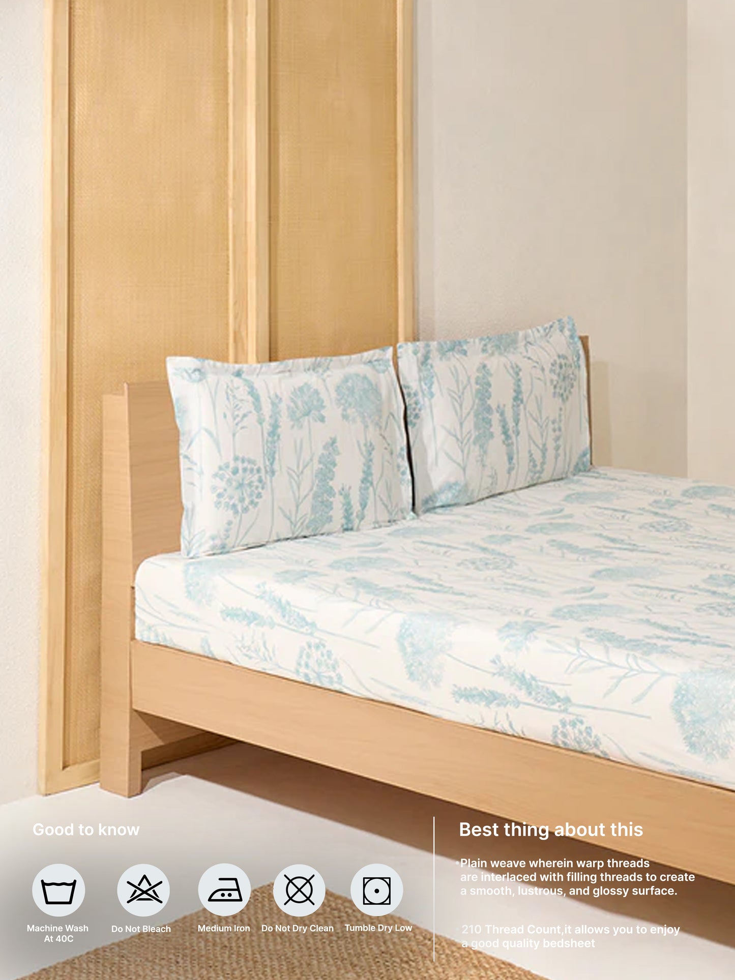 Westside Home Aqua Floral King Bed Flat Sheet and Pillowcase Set