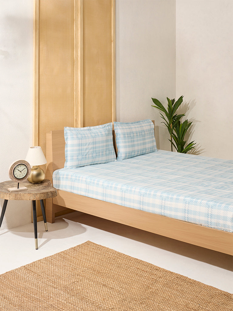 Westside Home Aqua Checks Printed King Bed Flat Sheet and Pillowcase Set