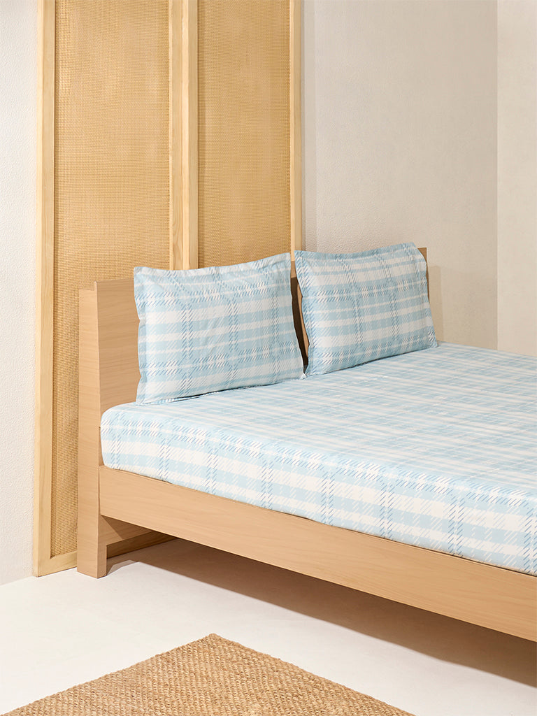 Westside Home Aqua Checks Printed King Bed Flat Sheet and Pillowcase Set