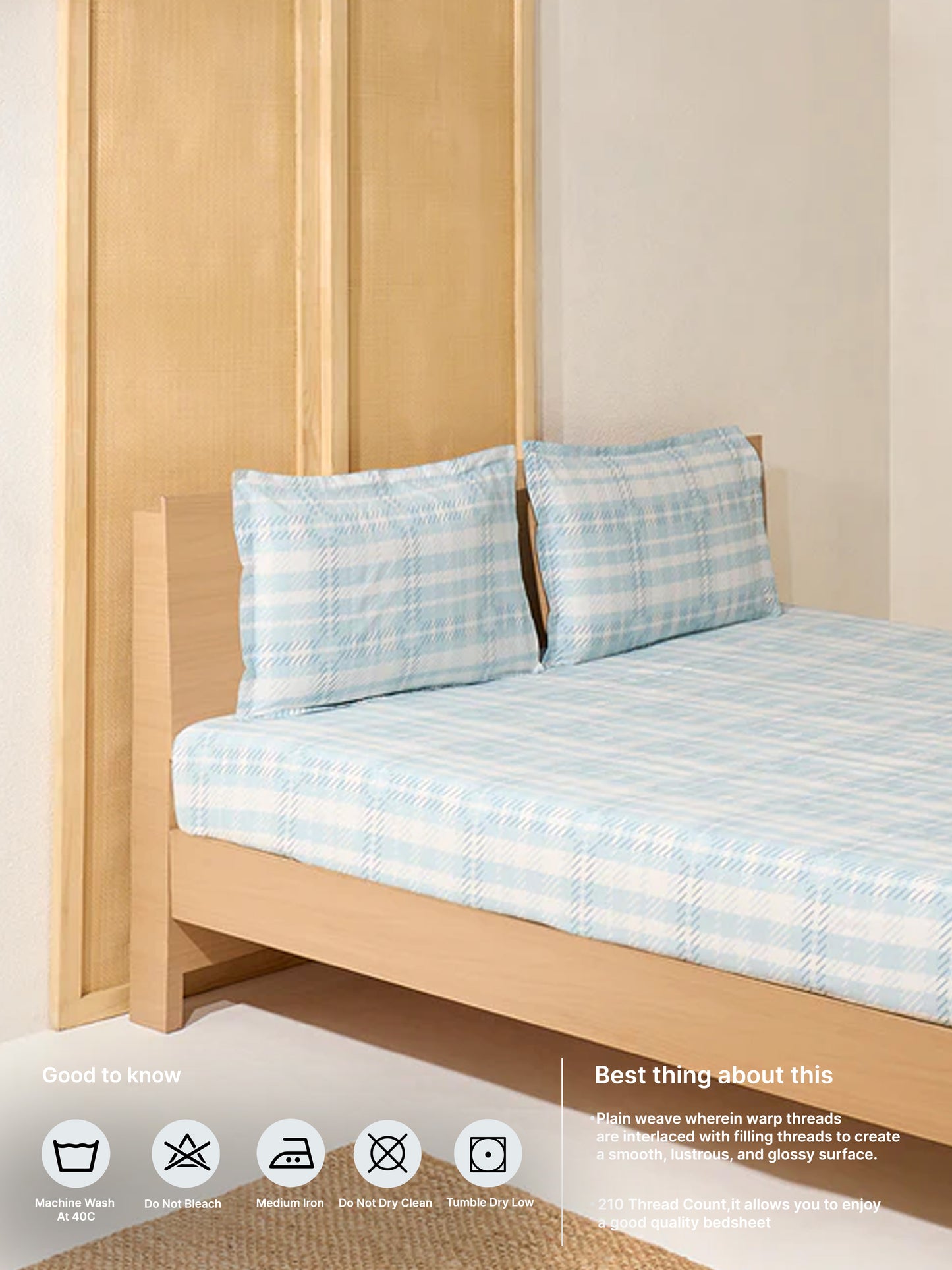 Westside Home Aqua Checks Printed King Bed Flat Sheet and Pillowcase Set