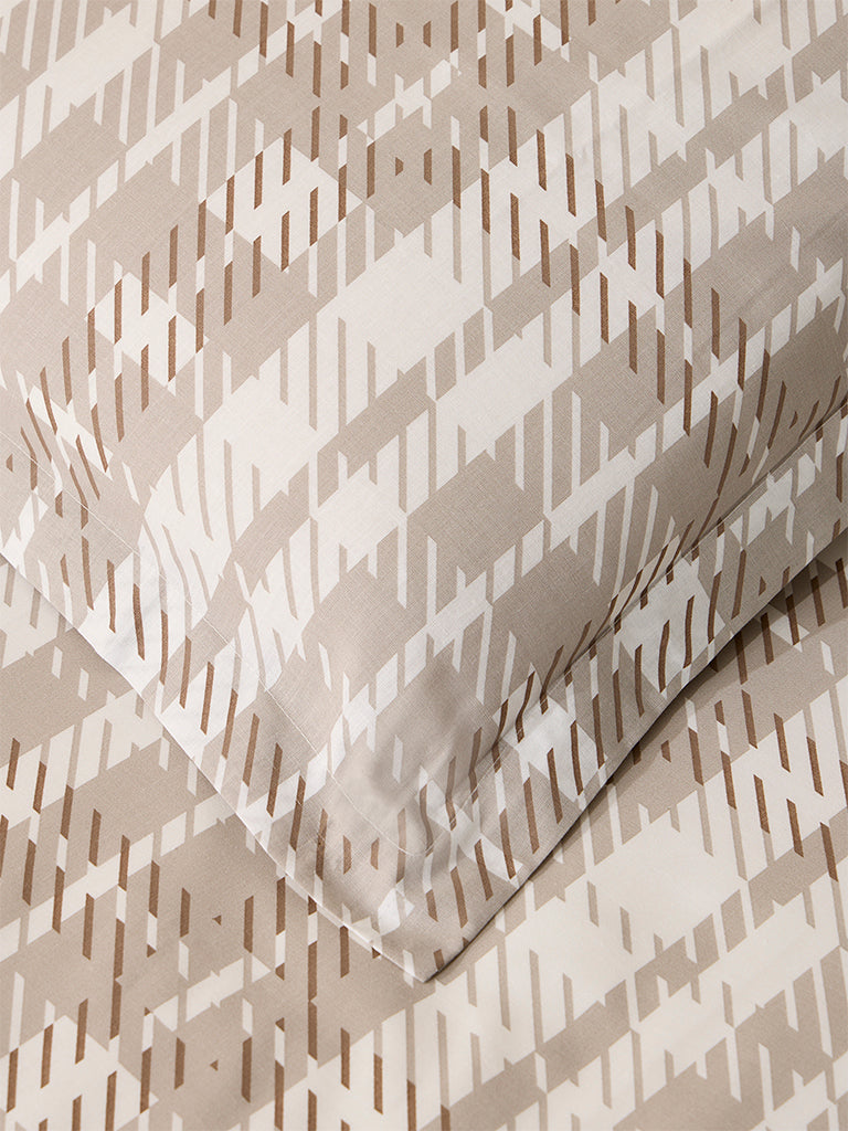 Westside Home Beige Checkered Queen Bed Flat Sheet and Pillowcase Set