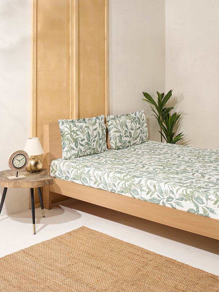 Westside Home Sage Leaf Design Queen Bed Flat Sheet and Pillowcase Set