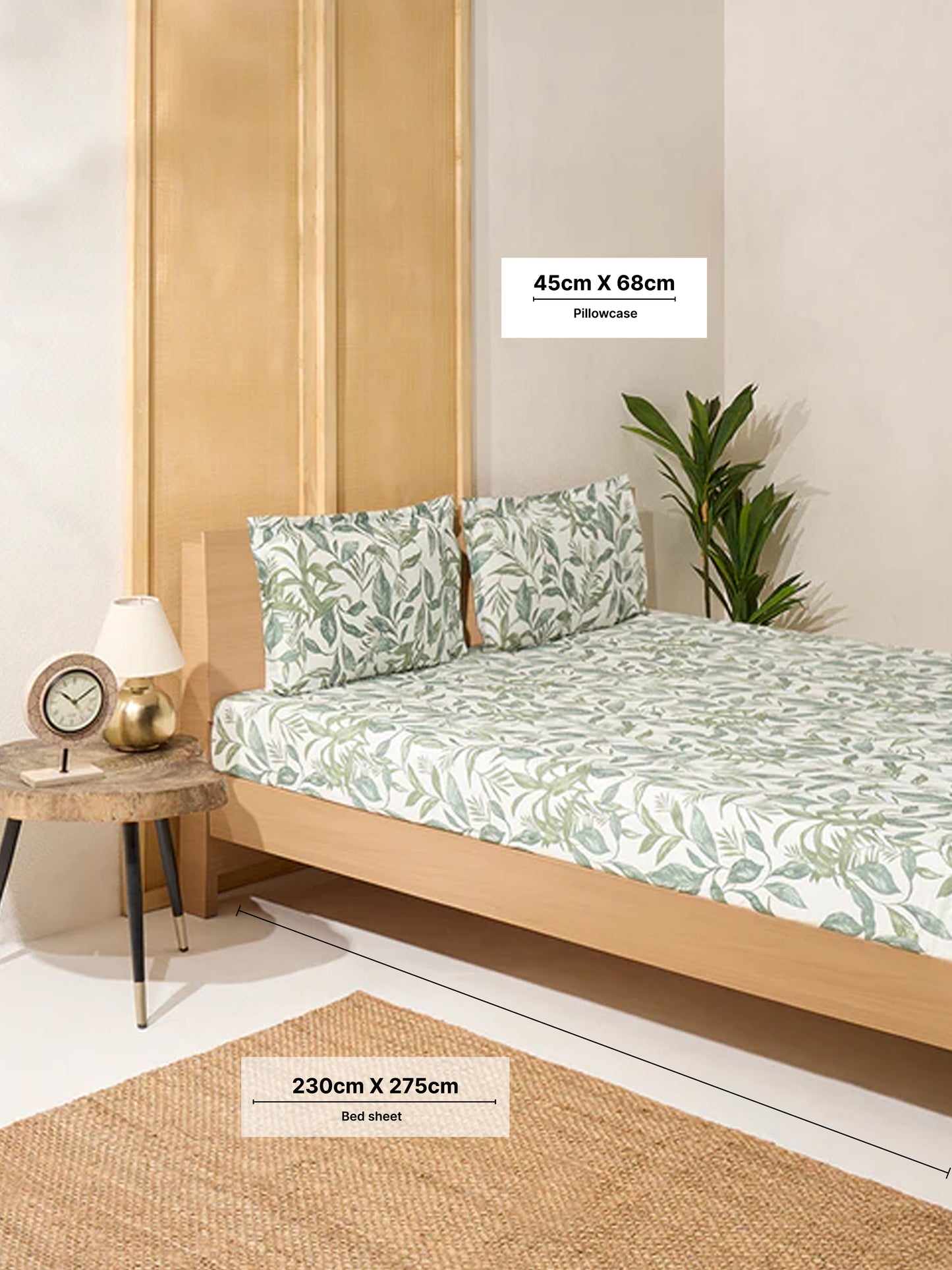 Westside Home Sage Leaf Design Queen Bed Flat Sheet and Pillowcase Set