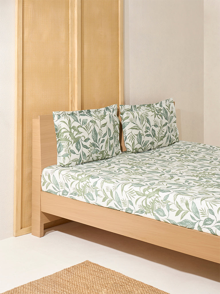 Westside Home Sage Leaf Design Queen Bed Flat Sheet and Pillowcase Set