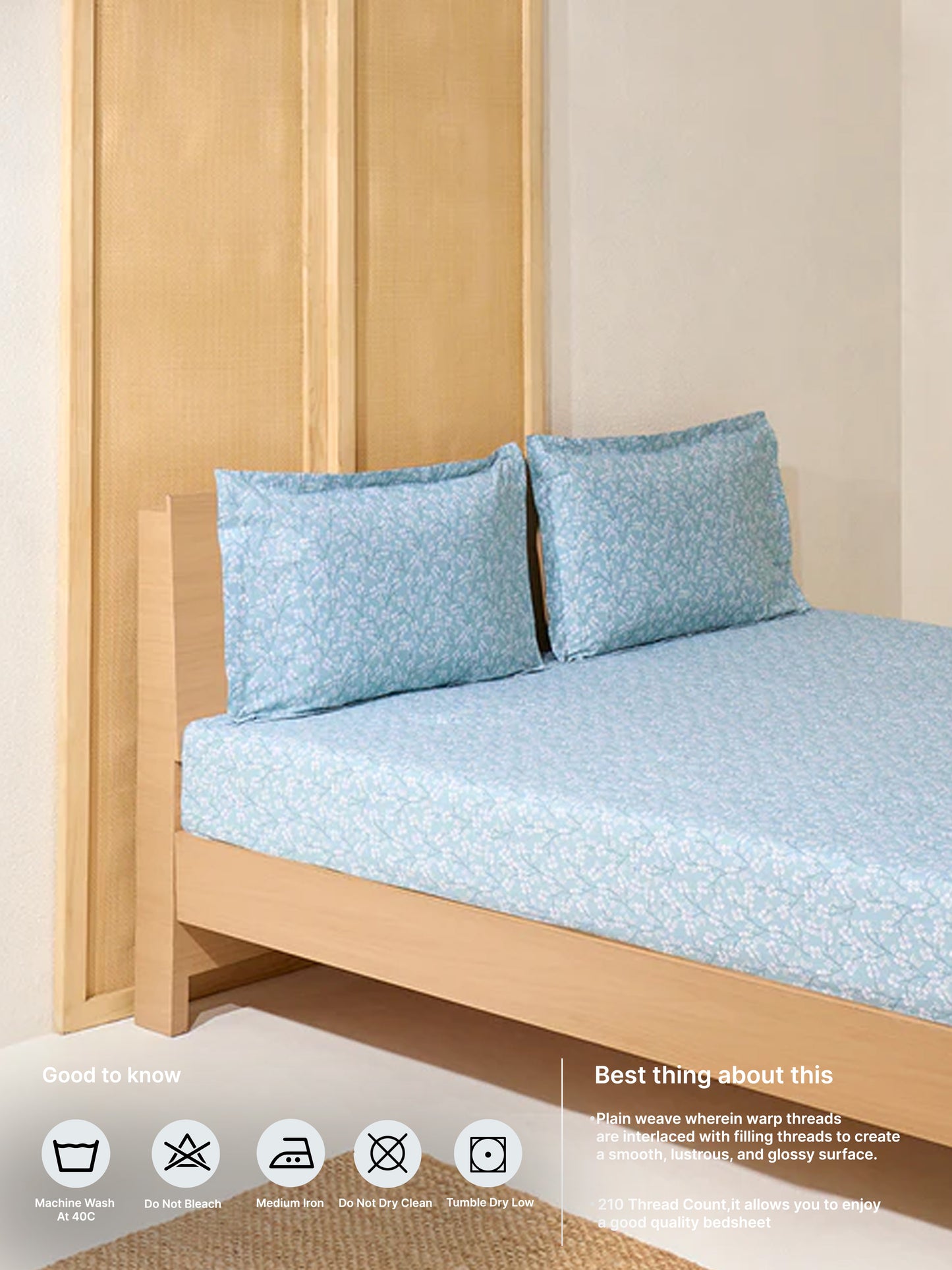 Westside Home Blue Floral Design Queen Bed Fitted Sheet and Pillowcase Set