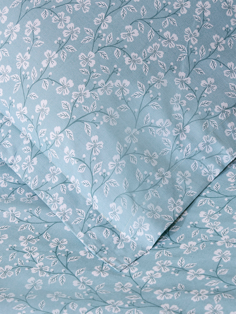 Westside Home Blue Floral Design Queen Bed Fitted Sheet and Pillowcase Set