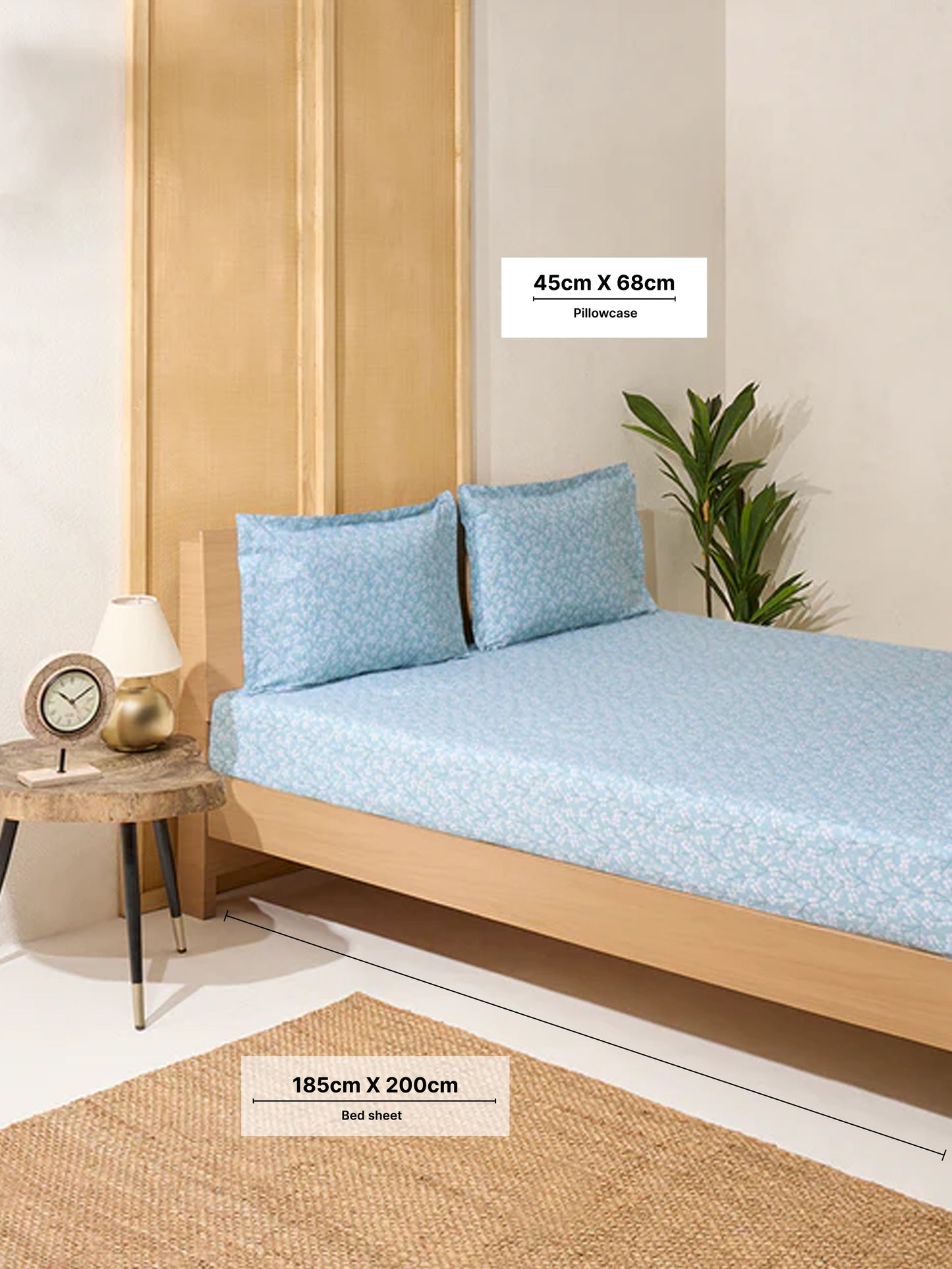 Westside Home Blue Floral Design King Bed Fitted Sheet and Pillowcase Set