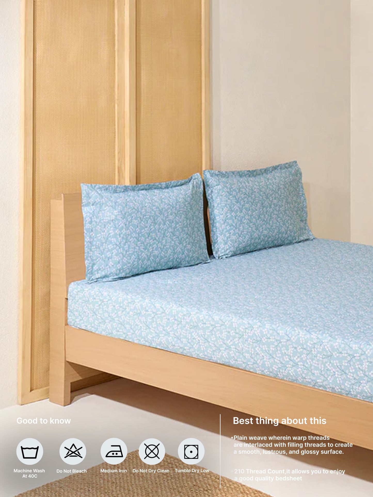 Westside Home Blue Floral Design King Bed Fitted Sheet and Pillowcase Set