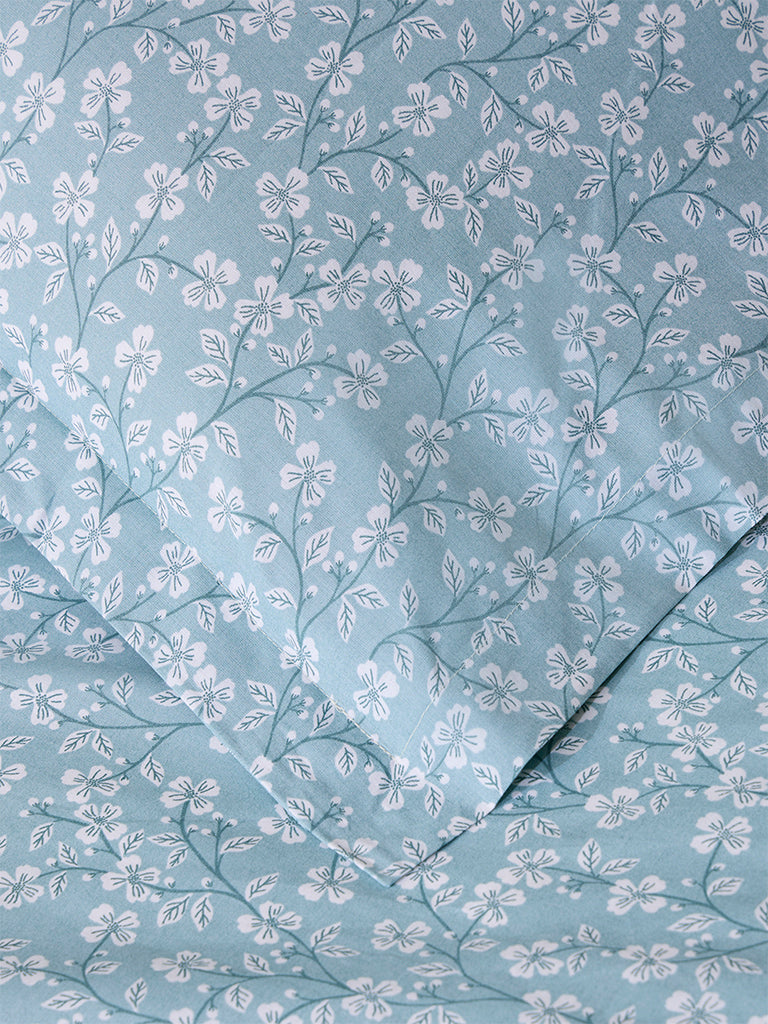 Westside Home Blue Floral Design King Bed Fitted Sheet and Pillowcase Set