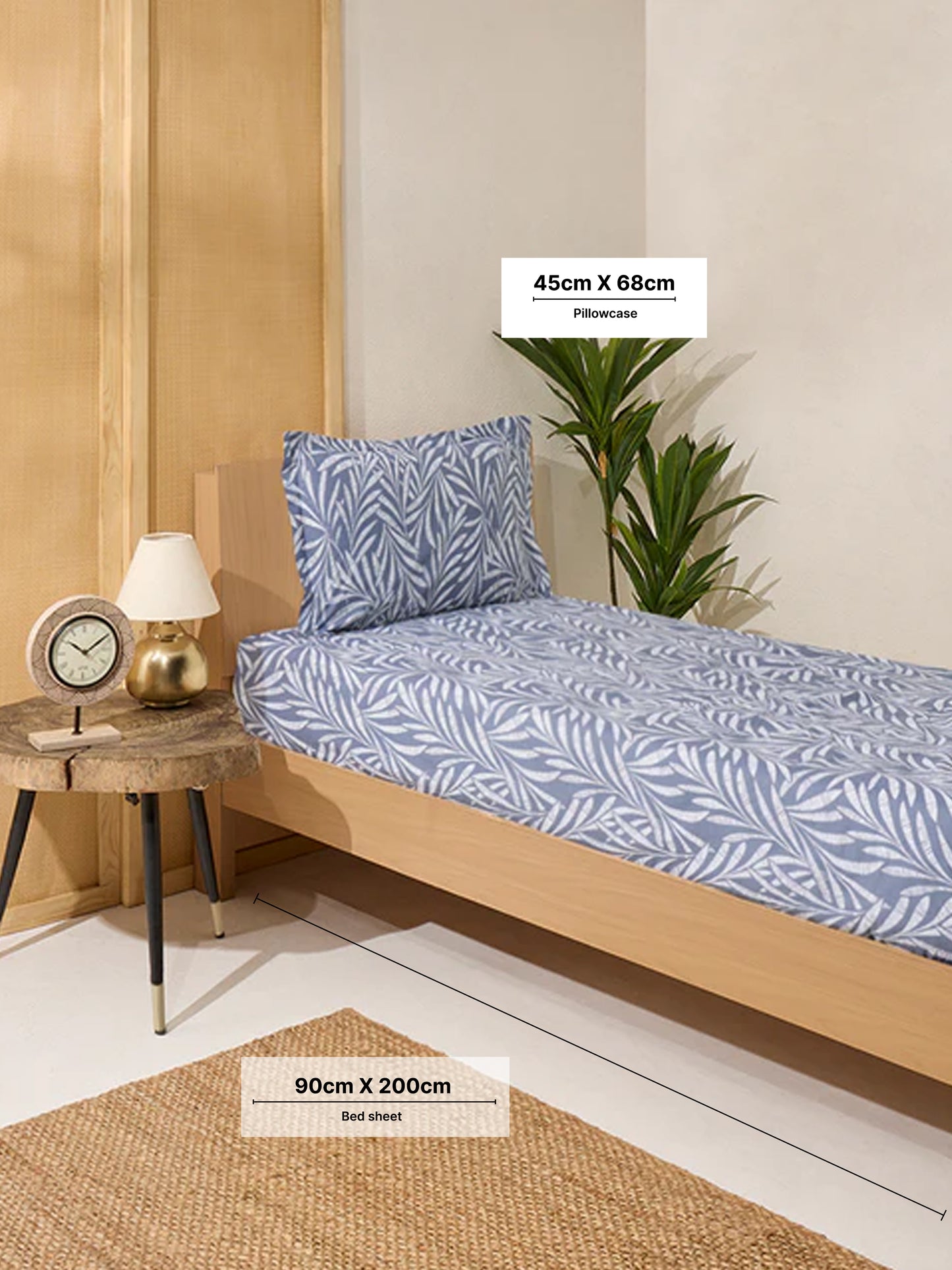 Westside Home Dusty Blue Foliage Pattern Single Bed Fitted Sheet and Pillowcase Set