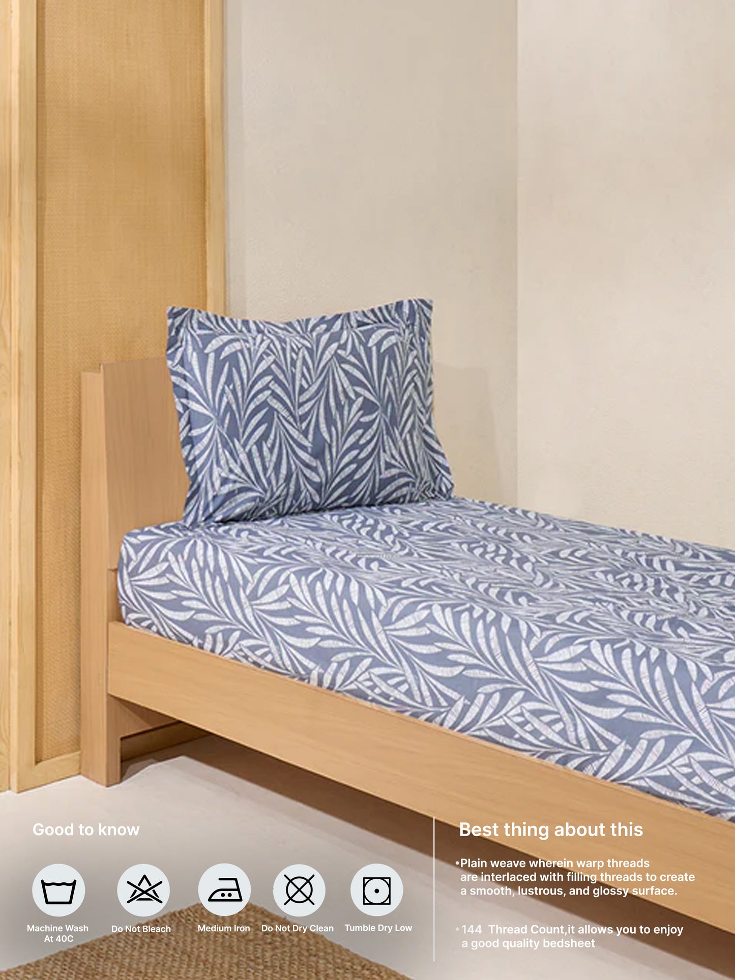 Westside Home Dusty Blue Foliage Pattern Single Bed Fitted Sheet and Pillowcase Set