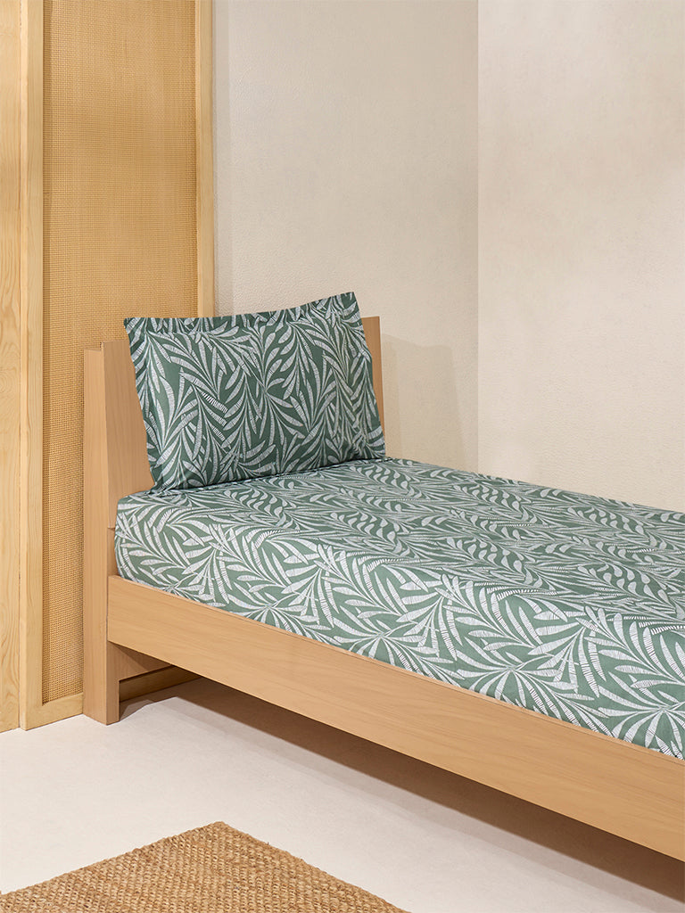 Westside Home Olive Foliage Single Bed Fitted Sheet and Pillowcase Set