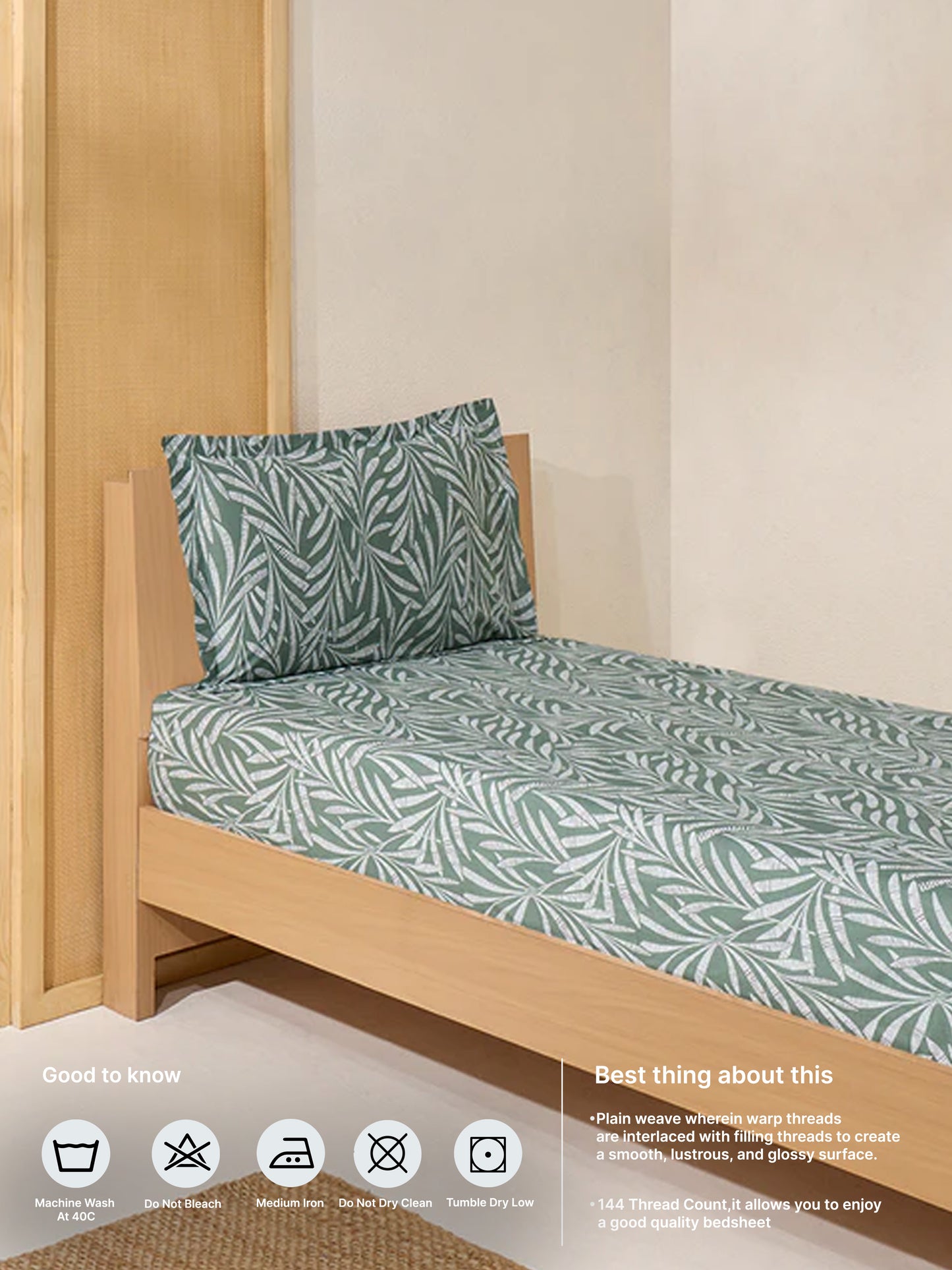 Westside Home Olive Foliage Single Bed Fitted Sheet and Pillowcase Set