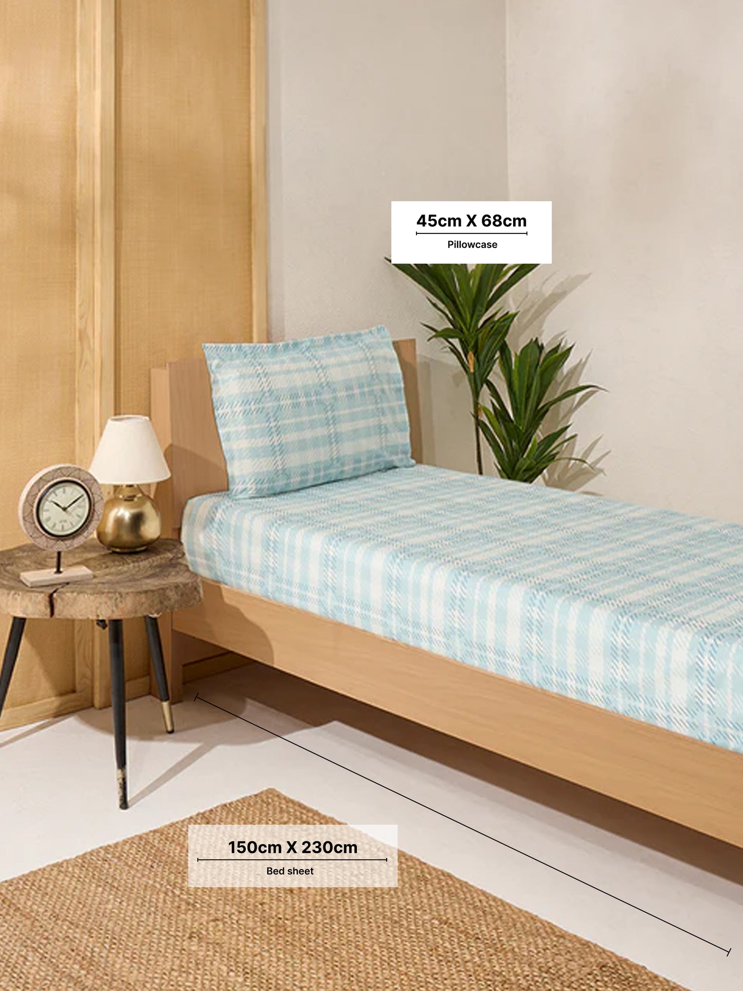 Westside Home Aqua Checks Printed Single Bed Flat Sheet and Pillowcase Set