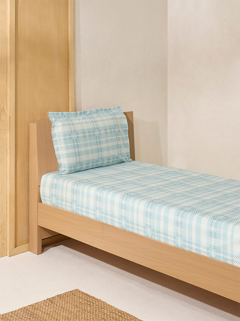 Westside Home Aqua Checks Printed Single Bed Flat Sheet and Pillowcase Set