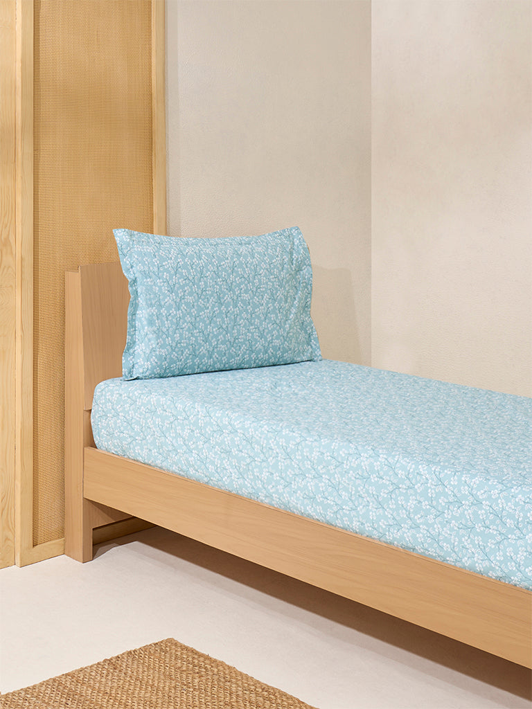 Westside Home Aqua Floral Design Single Bed Fitted Sheet and Pillowcase Set