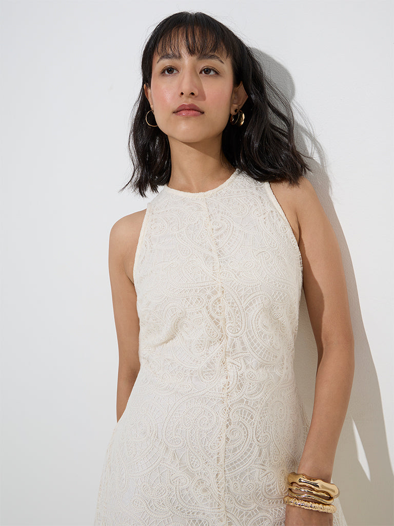 LOV Off-White Lace Detailed A-Line Dress - Main Image