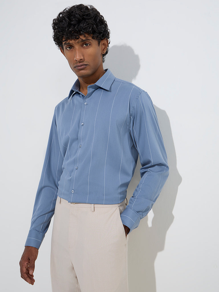 WES Formals Dusty Blue Pinstriped Slim-Fit Cotton Shirt