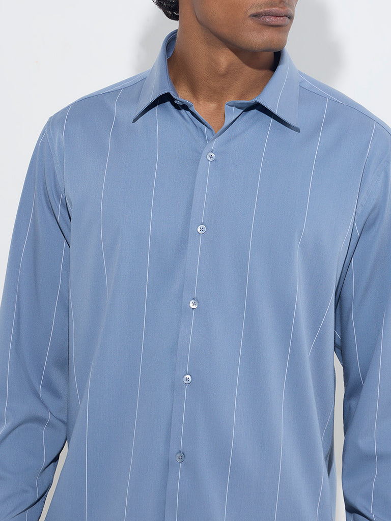 WES Formals Dusty Blue Pinstriped Slim-Fit Cotton Shirt