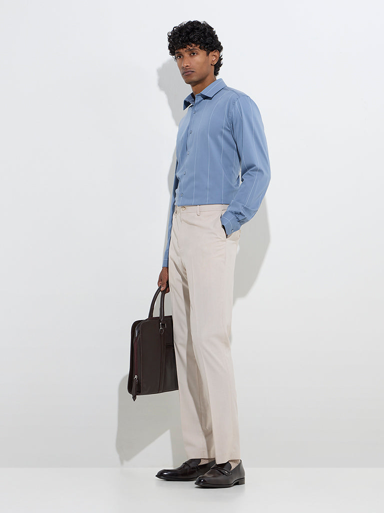 WES Formals Dusty Blue Pinstriped Slim-Fit Cotton Shirt