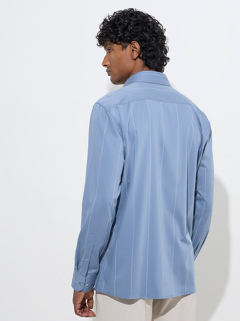 WES Formals Dusty Blue Pinstriped Slim-Fit Cotton Shirt