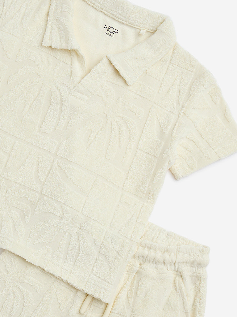 HOP Kids Off-White Self Cotton Polo T-Shirt with Shorts Set