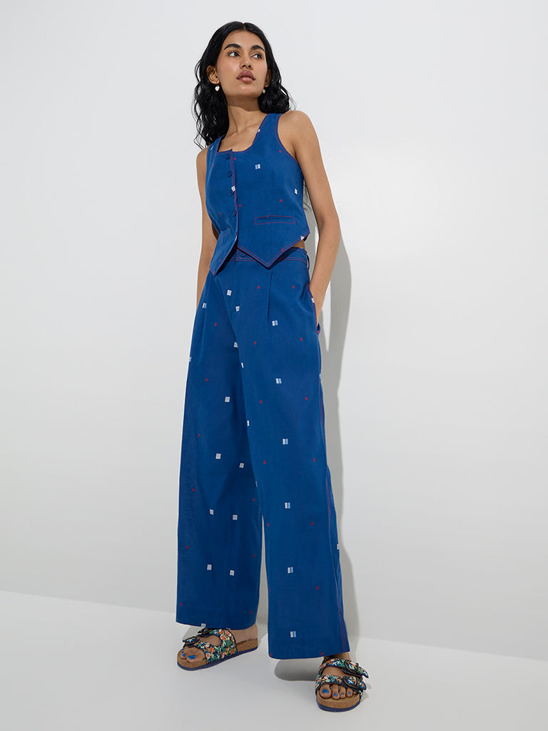 Bombay Paisley Blue Embroidered Mid-Rise Cotton Pants
