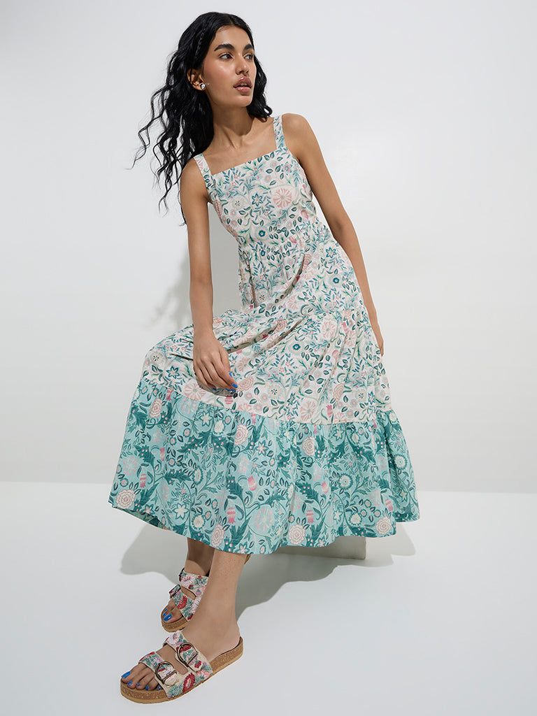 Bombay Paisley Teal Floral Cotton Tiered Dress with Jacket