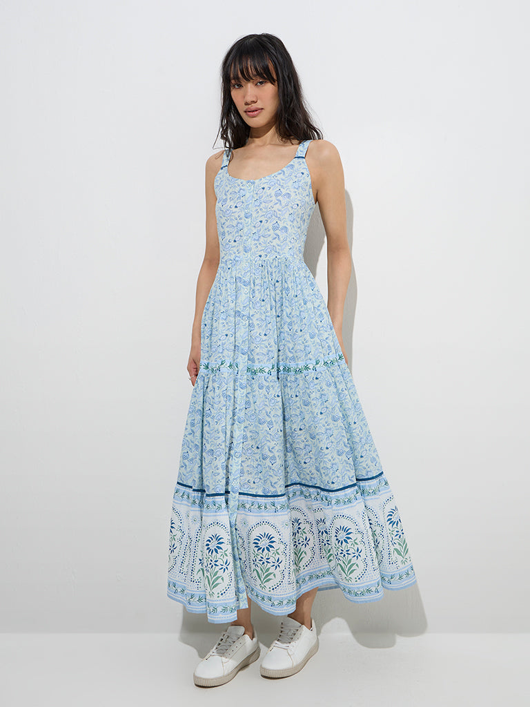 Bombay Paisley Light Blue Floral Design Tiered Cotton Dress
