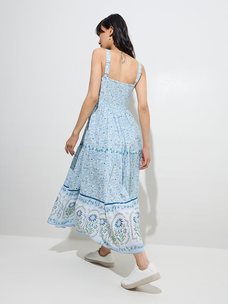 Bombay Paisley Light Blue Floral Design Tiered Cotton Dress