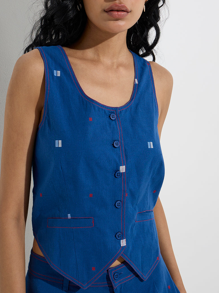 Bombay Paisley Blue Waistcoat-Style Cotton Top