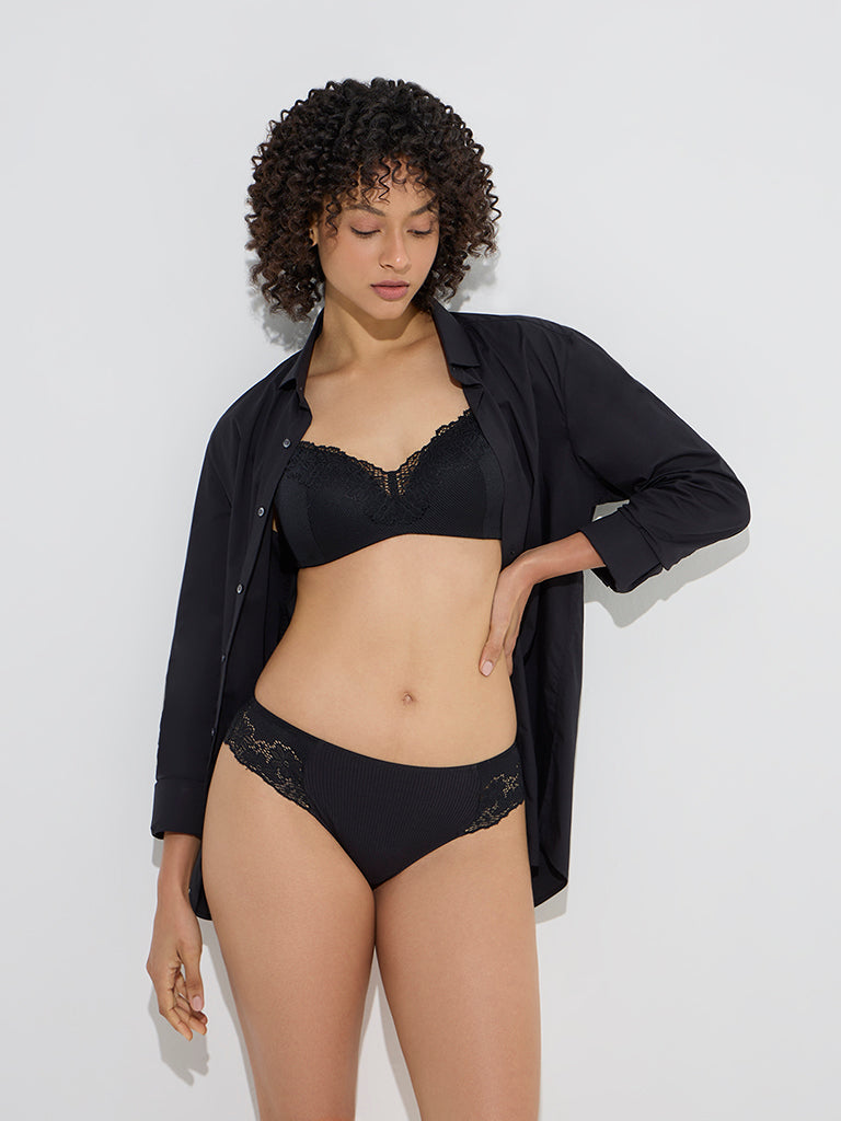 Westside Wunderlove Women's Black Floral Lace Detailed Bikini Brief for Casual Wear Full Model View