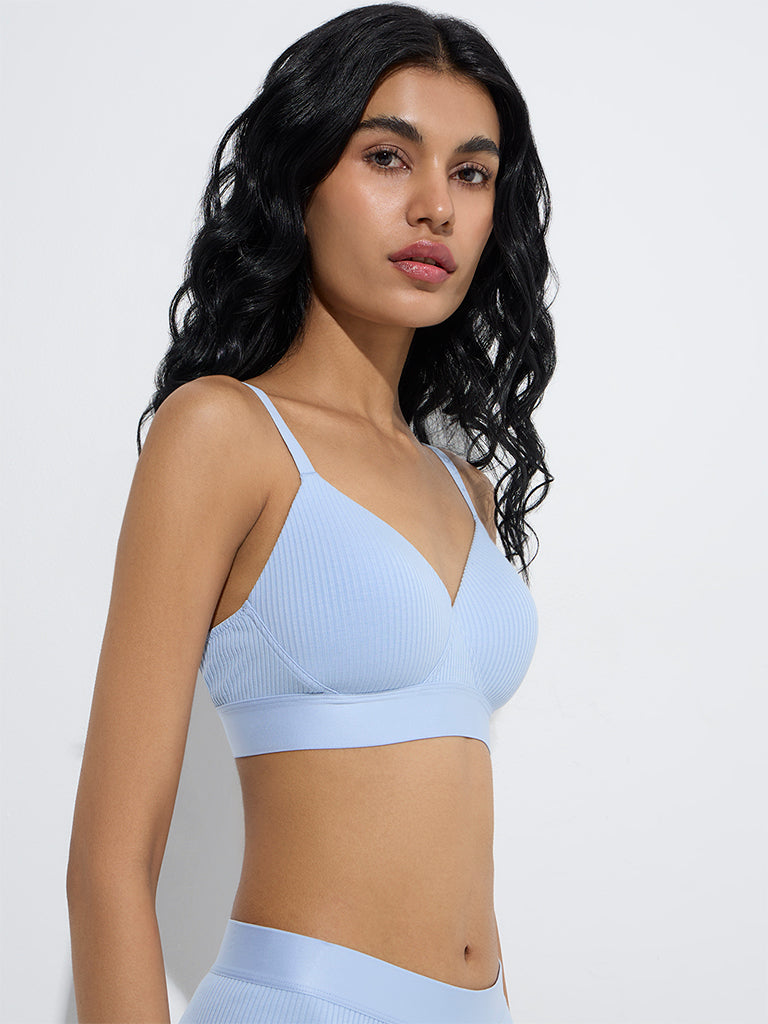 westisde Superstar Women's Blue Ribbed Padded Bra for Casual Wear Front View