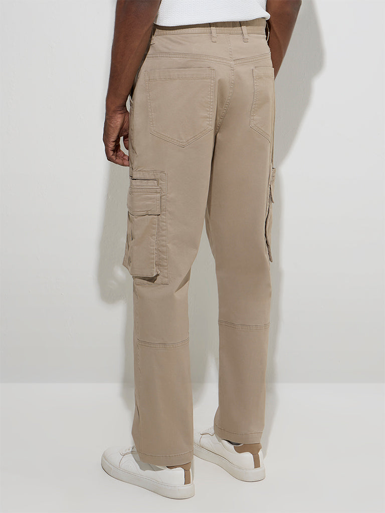 WES Casuals Beige Relaxed-Fit Mid-Rise Cotton-Blend Pants