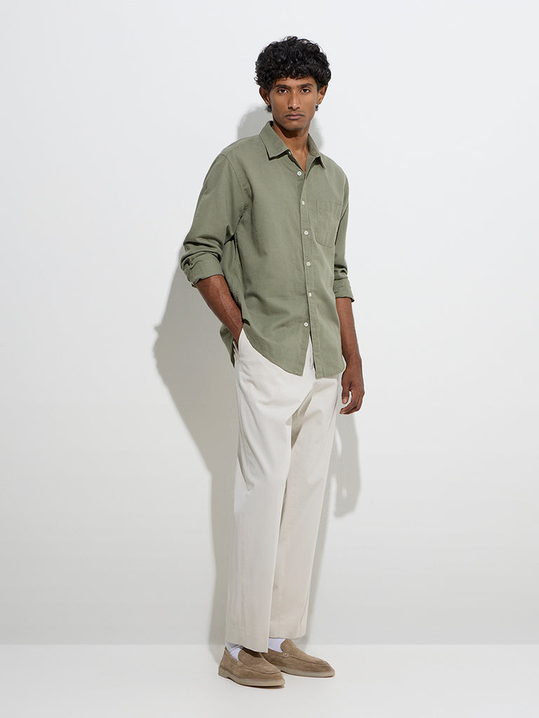 WES Casuals Dark Sage Relaxed-Fit Cotton-Blend Shirt
