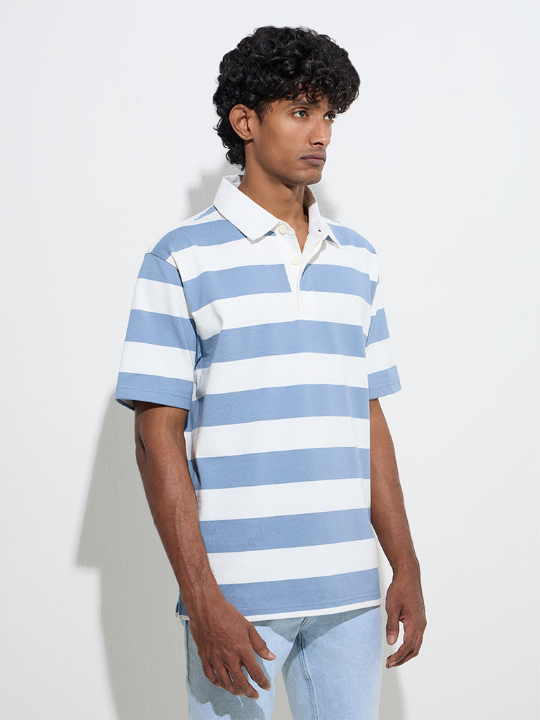 WES Casuals Blue Relaxed-Fit Cotton-Blend Polo T-Shirt