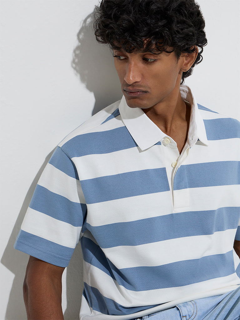WES Casuals Blue Relaxed-Fit Cotton-Blend Polo T-Shirt