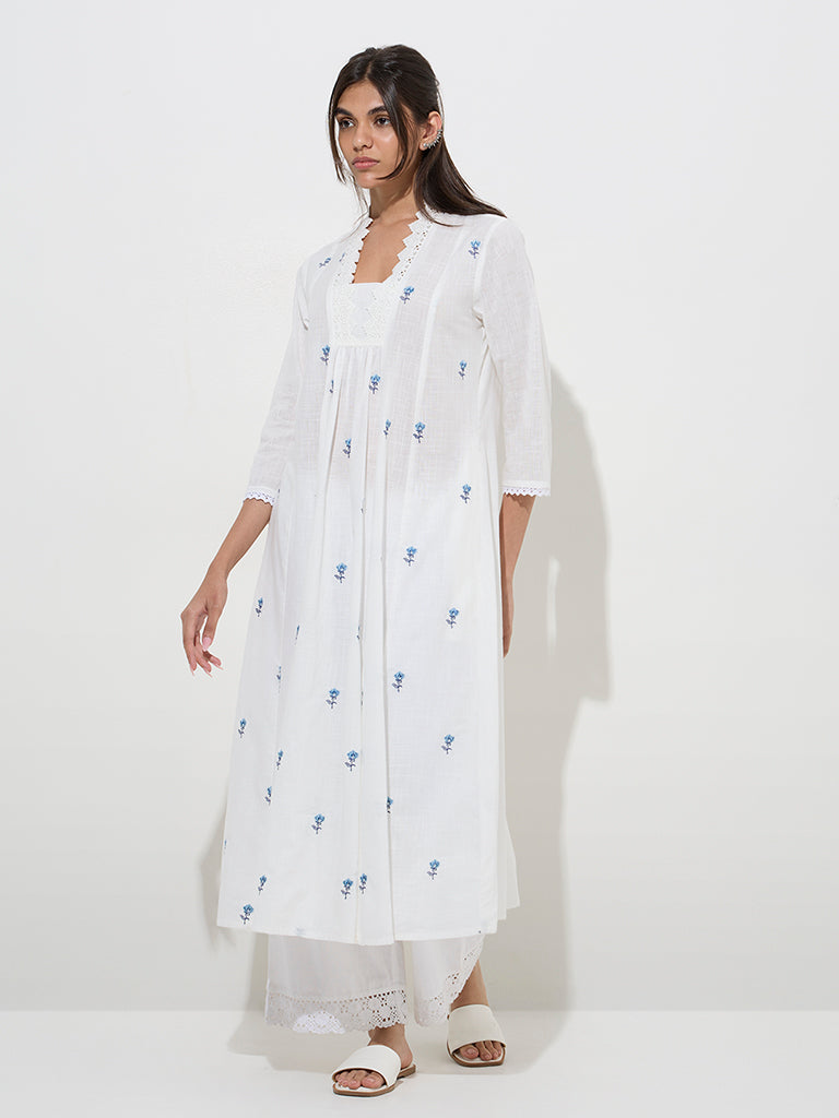 White embellished Textured Pure Cotton A-line Kurta