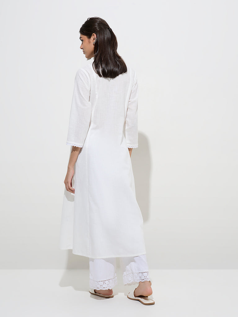 White Printed Sleevless Cotton A-Line Kurta With Side Pocket