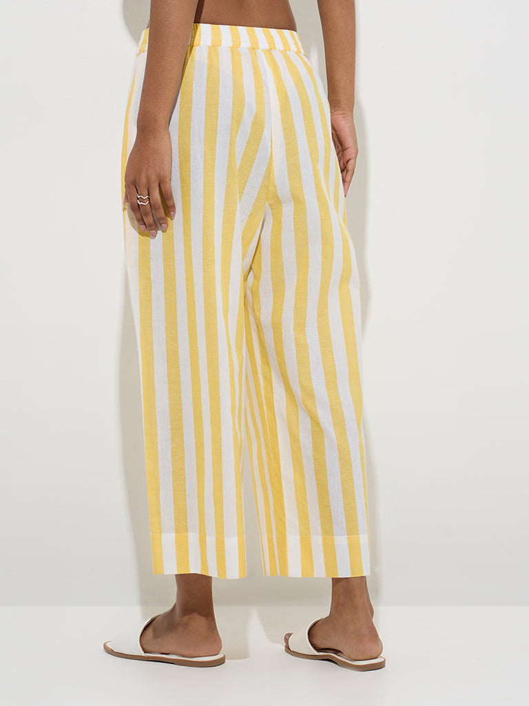 Westside Utsa Women's Yellow Stripe Printed Cotton Ethnic Pants for Everyday Back View