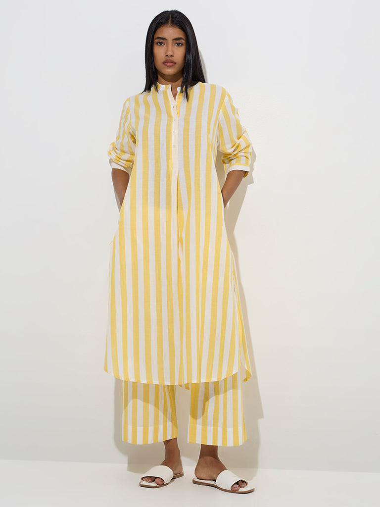 Westside Utsa Women's Yellow Stripe Printed Cotton Ethnic Pants for Everyday Front View