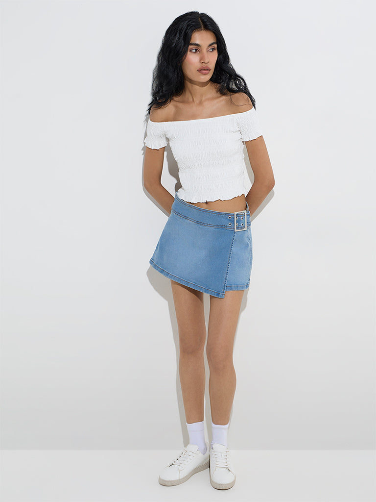 Nuon White Smocked Off-Shoulder Cotton-Blend Crop Top