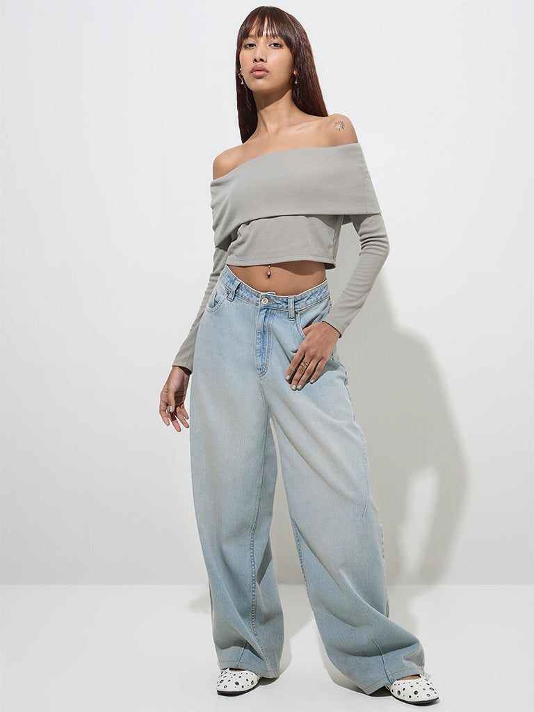 Nuon Grey Ribbed-Textured Off-Shoulder Top